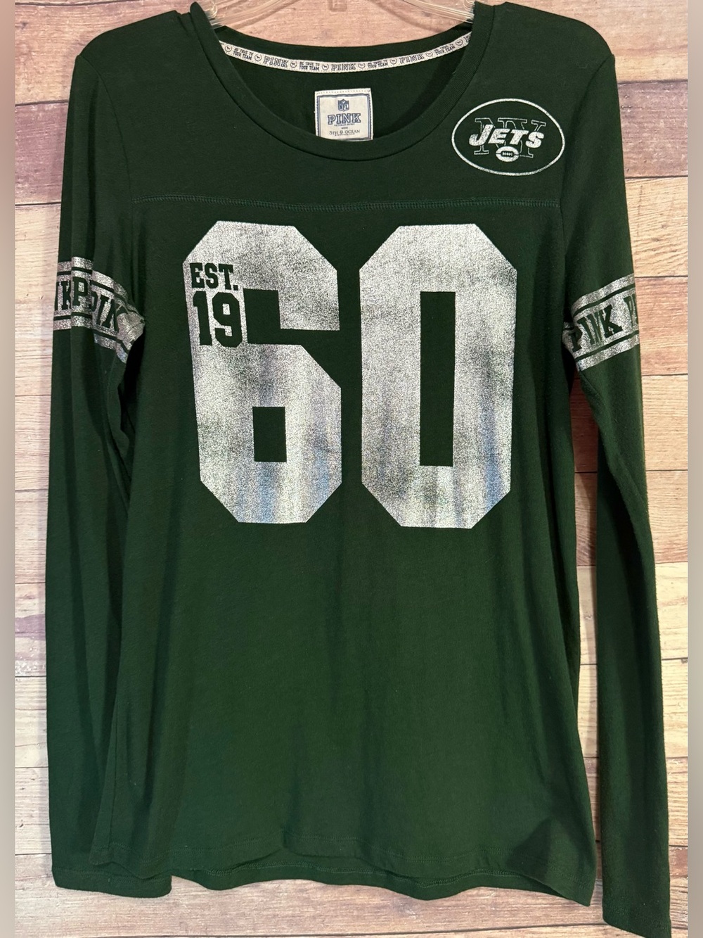 Pink Victoria Secret Green Long Sleeve NFL Jets Tee with White Number